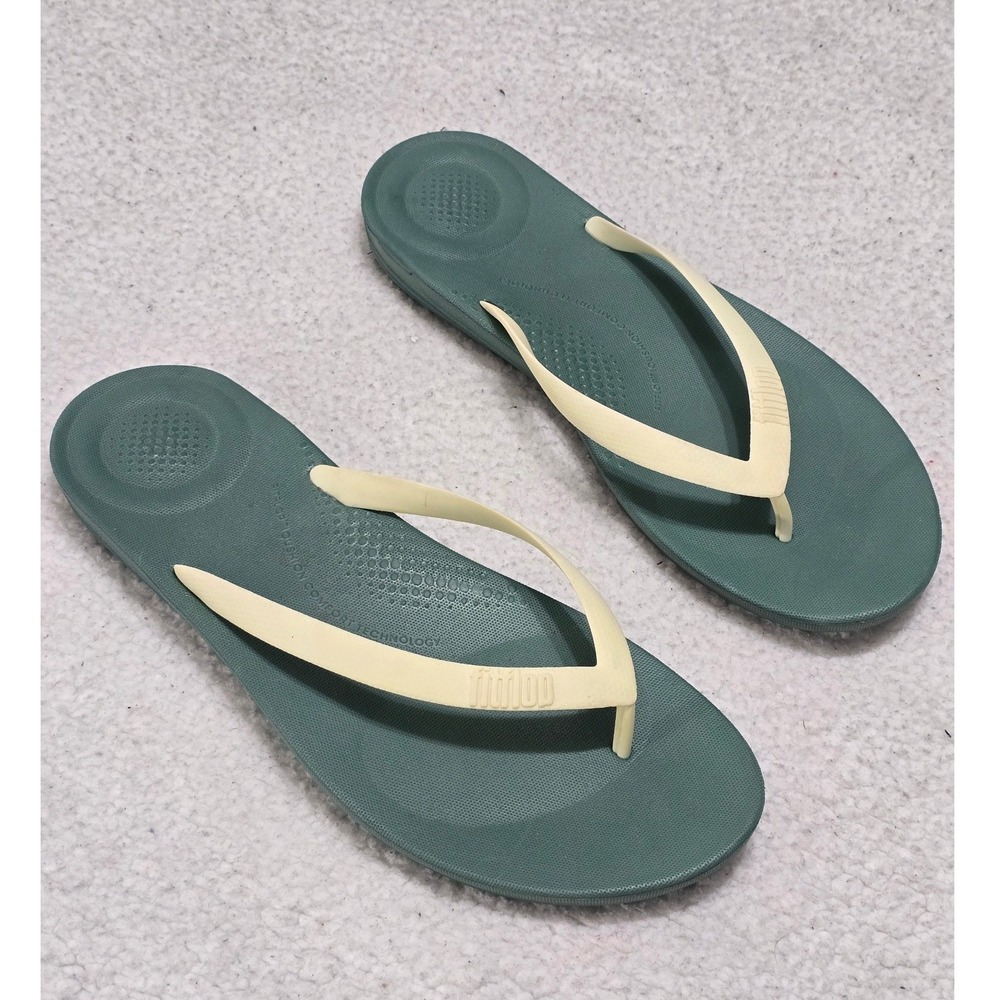 FitFlop iQushion Ergonomic Flip Flops Sage Green Cream Mens 13 EU 47 UK 12